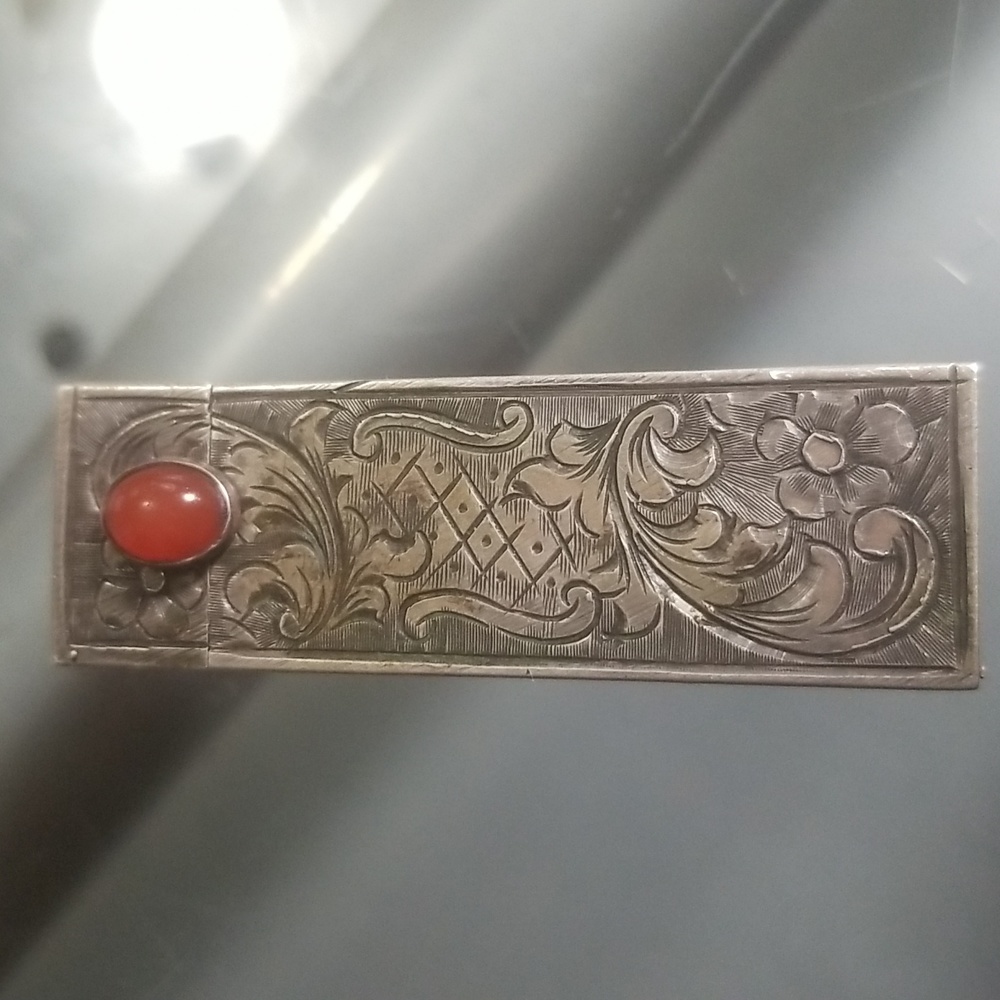 Vintage Silver Hand Etched Lipstick Compact
